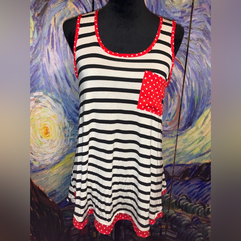 Jade by Jane, small long tank black and white stripes with red polka dot trim